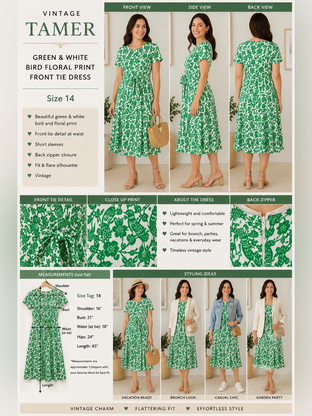 Vintage Tamer Green White Bird Floral Print Dress Women's Size 14 Front Tie Midi